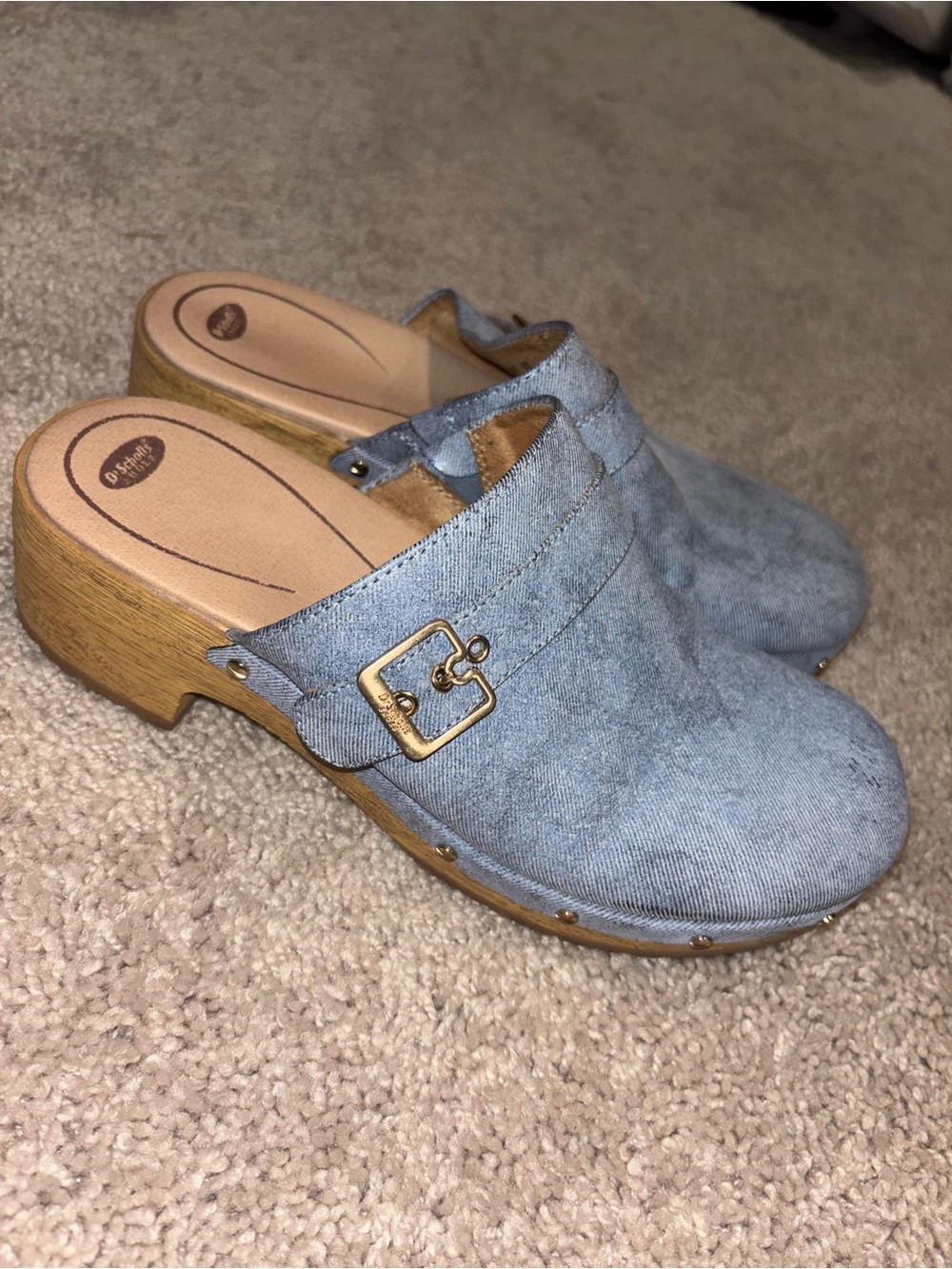 Dr. Scholl's Light Blue Denim Clog Mules with Gold Buckle